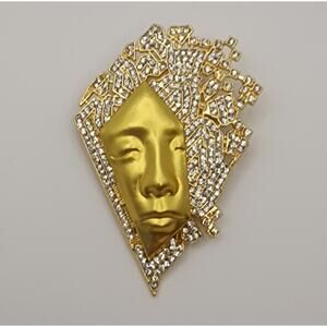 Face Brooch Gold Tone Metal on Abstract Rhinestone Background Art Deco Style